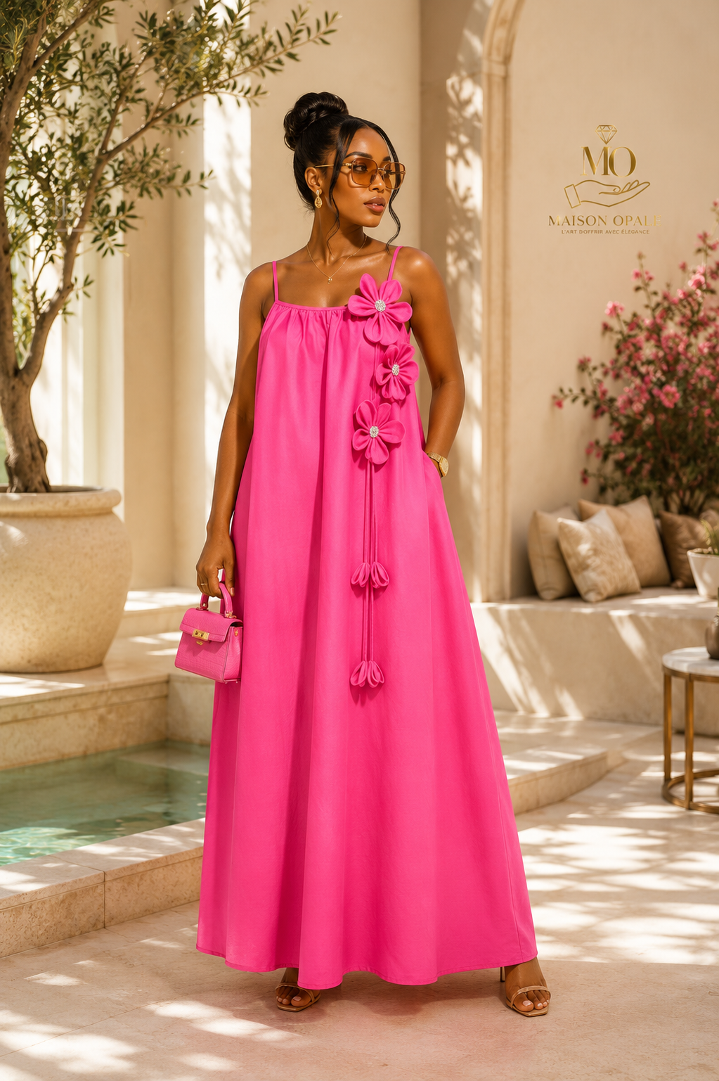 Robe Longue Fuchsia coton à Détails Floraux – Maison Opale
