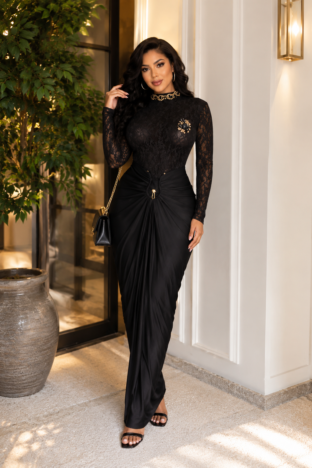 Ensemble Femme 2 Pièces Noir – Dentelle & Jupe Drapée – Maison Opale