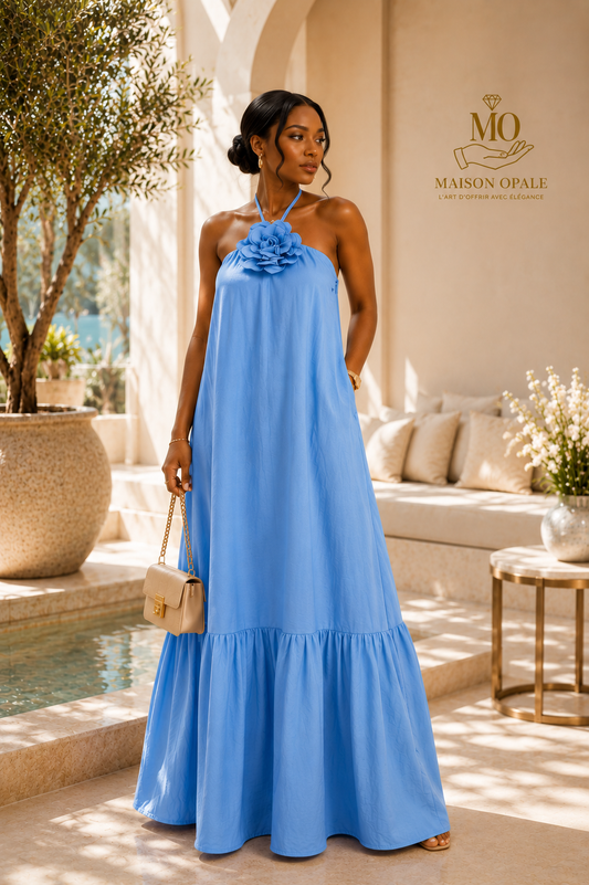 Robe Longue en Coton Bleue à Fleur – Maison Opale