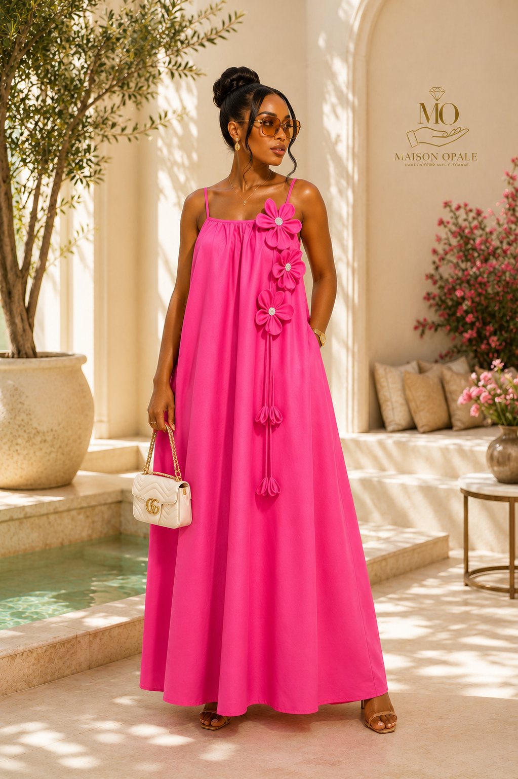 Robe Longue Fuchsia coton à Détails Floraux – Maison Opale