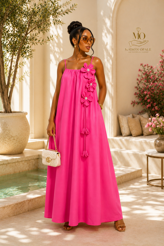Robe Longue Fuchsia coton à Détails Floraux – Maison Opale